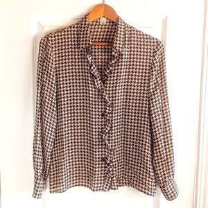 Anne Klein Brown Silk Houndstooth Print Long Sleeve Blouse